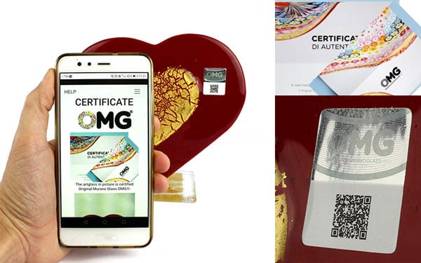 autocollant de marque avec hologramme garantissant qu'il s'agit d'une pièce ORIGINALE EN VERRE DE MURANO OMG®