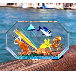 Sculpture d'aquarium octogonale - avec une pieuvre - Verre de Murano original OMG