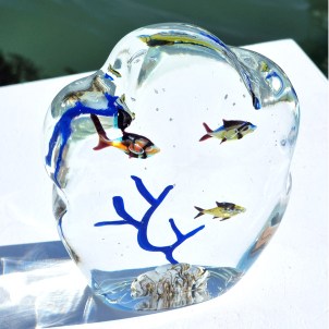 Sculpture d'aquarium - Poissons tropicaux et corail bleu  - Verre de Murano original OMG