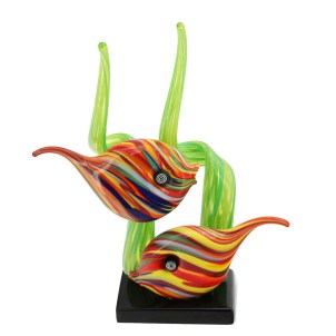 Sculpture d'aquarium - Deux poissons tropicaux et corail vert - Verre de Murano original OMG