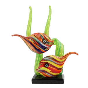 Sculpture d'aquarium - Deux poissons tropicaux et corail vert - Verre de Murano original OMG