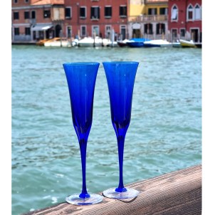Verre à pied bleu de Murano - Lot de 2 flûtes classiques 