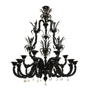 Exclusive Venetian Chandelier Rezzonico Gothic -  Black King - Details in Gold 24kt - Original Murano Glass OMG