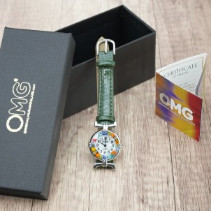 Wristwatch Millefiori - Dark green strap and chrome case - Original Murano glass OMG