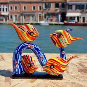 Sculpture d'aquarium - Avec poissons tropicaux et corail bleu - Verre de Murano original OMG