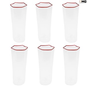 Set of 6 Drinking glasses flute - Red rim - Esagonal - Original Murano Glass