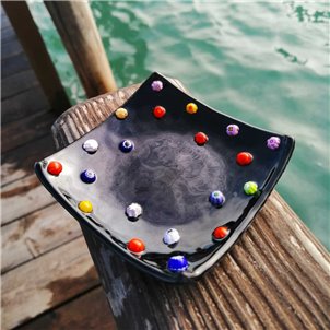 Assiette carrée Millefiori - noire - Verre de Murano authentique