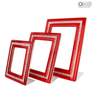 Cadre photo - Rouge et murrine blanches - Verre de Murano authentique OMG