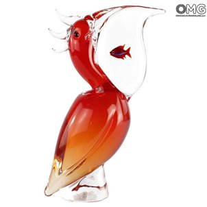 Red Pelican with Fish - Glass Sculpture - Original Murano Glass OMG