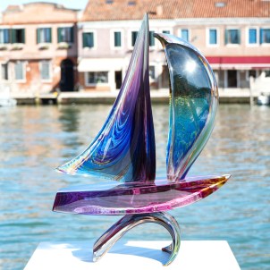 Sail boat with base - chalcedony glass - Original Murano Glass OMG